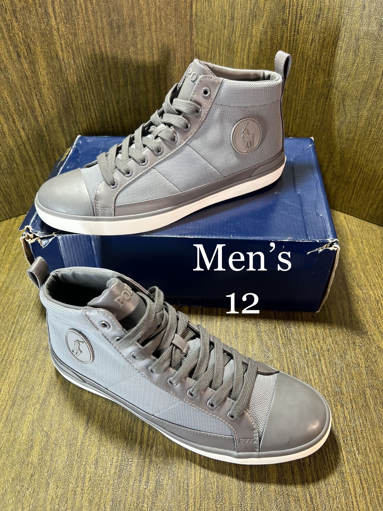 POLO / RALPH LAUREN High-Top CANVAS sneaker boots / Men’s 12 / Brand New w/ Box!! / Grey & White