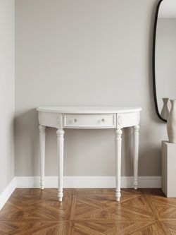 Vintage French Country White Half-Moon Demilune Console Table with Crystal Knobs