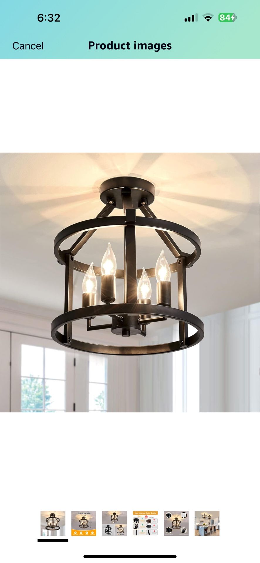 Metal Semi Flush Mount Ceiling Light Fixture 4 Candle Holder Matte Chandelier Farmhouse Ceiling Lamp for Dining Room Bedroom Kitchen Hallway Entryway（