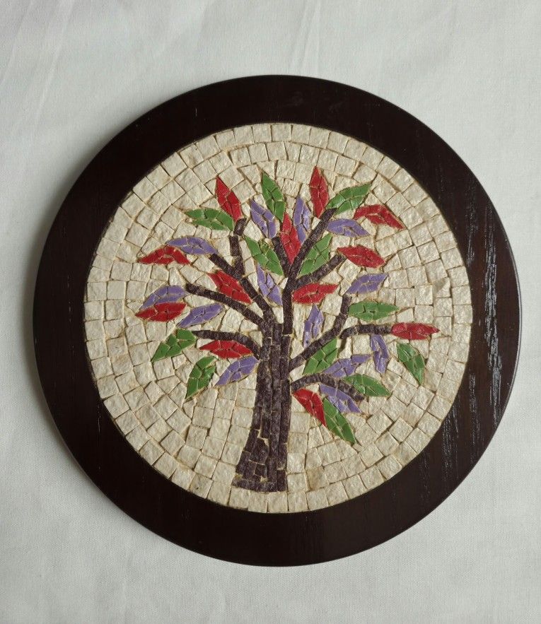 Vtg Mosaic Tree Of Life On Wood Wall Decor 7.5" in Diameter Marble/Stone