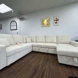 Beige Corduroy Convertible Sectional Sofa 