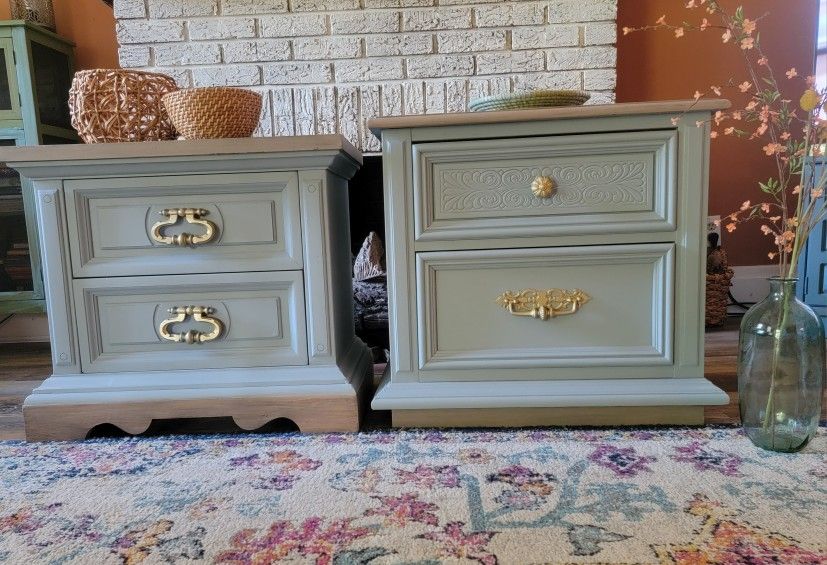 Vintage Boho Styled Light Blue Nightstands With Bare Wood Look Top Set
