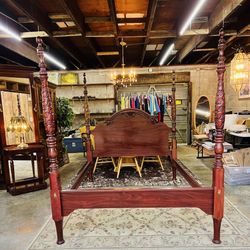 Vintage Carved Four-Poster Cherry Queen Size Rice Bed