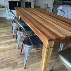 Solid Wood Table + 8 Restoration Hardware Industrial Chairs