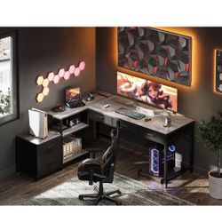 L Shaped Desk with 5 Drawers and Storage Shelves, 61" Reversible Home Office Desk with Power Outlets