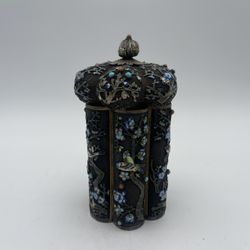Vintage Chinese Silver & Enamel Tea Caddy Box Inlay w/Turquoise & Coral Beads(486g)
