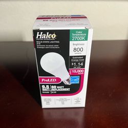 1. Halco ProLED A19 LED light bulb. 9.5W. 800 lumens. Warm white light (2700K). Dimmable.