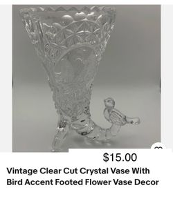 Vintage Clear Cut Crystal Vase With Bird