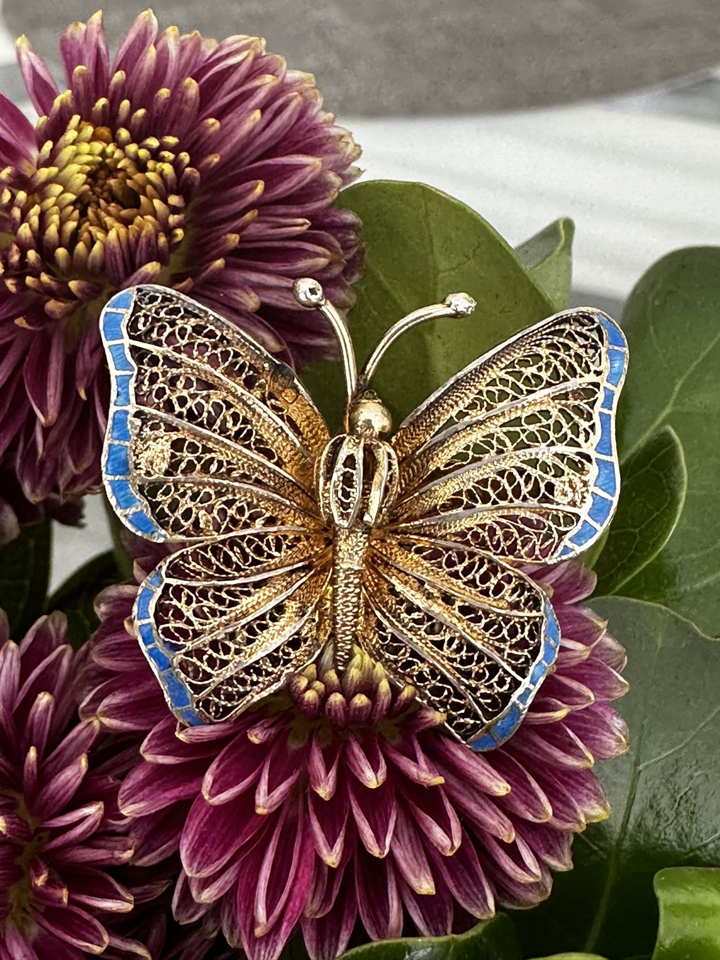 Vintage Blue Enamel Fillagree Goldtone Butterfly.