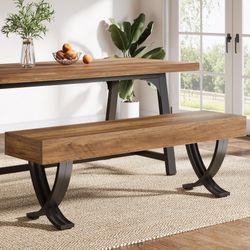 55 Inches Farmhouse Dining Bench, Wooden Kitchen Table Seat with Metal X-Shaped Legs, Long Home Indoor Bench for Dining Room, Bedroom, Entryway, Mudro