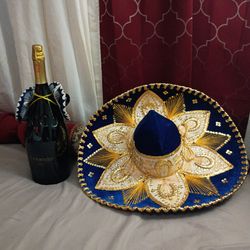 Genuine, Pigalle,  unisex and Marwood year 2000 sparkline wine Brut  with two small mexican hats Baby Blue with white