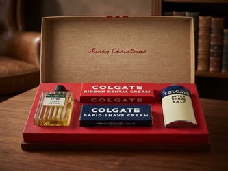 RARE Vintage Colgate-Palmolive "Merry Christmas" Gift Set - Palmolive After Shave, Colgate Ribbon Dental Cream, Rapid Shave Cream, Talc - In Original