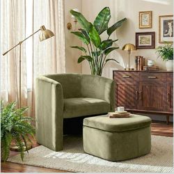 Morden Living Room Chair with Storage Ottoman, Barrel Accent Chair with Lounge Seat for Bedroom/Reading Spaces, Green, Rubberwood, Sponge Foam