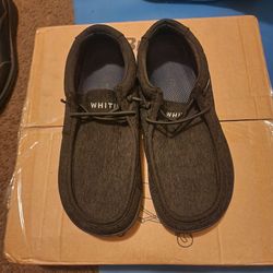 Within canvas.\nWhy toe slip on loafers , boat shoes , size ten men , brand new , then packed up
