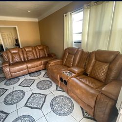Power Leather Reclining Sofa and Loveseat Set, Caramel