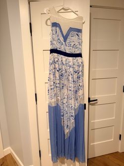 BCBG Maxazaria Blue and White Pleated Maxi Dress