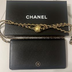 Authentic Chanel CC Coco Leather Bifold Wallet With Chain WOC