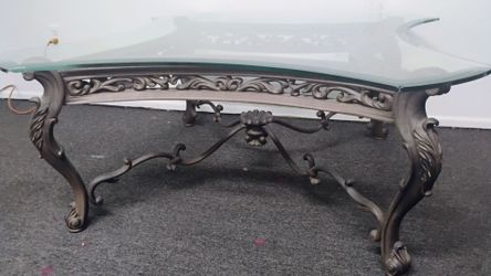 Large Vintage Ornate Carved Wood Coffee Table with Scalloped Glass Top