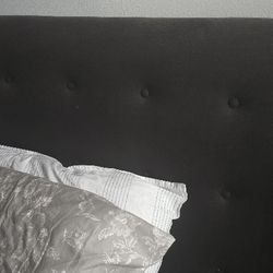 King Tufted Black Linen Headboard and Metal Bed frame