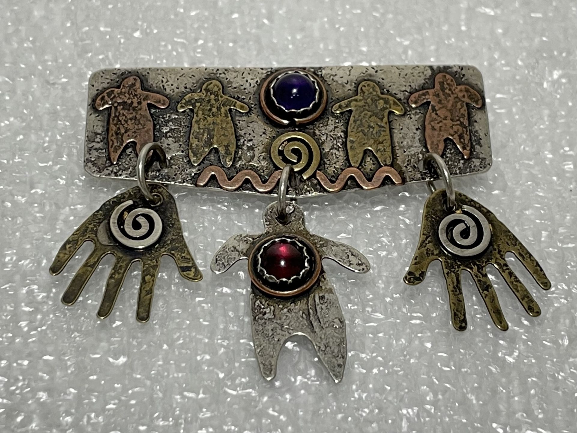 Vintage Sterling Silver, Sapphire & Copper Petroglyph Symbols Tassel Brooch Pin