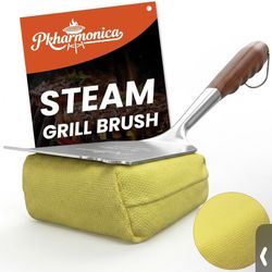Grill Brush Bristle Free w/Replaceable Yellow Head, Enamel Safe, 17" Long Handle Grill Cleaner for Outdoor BBQ & Griddle, MAX Stainless Steel Scraper,