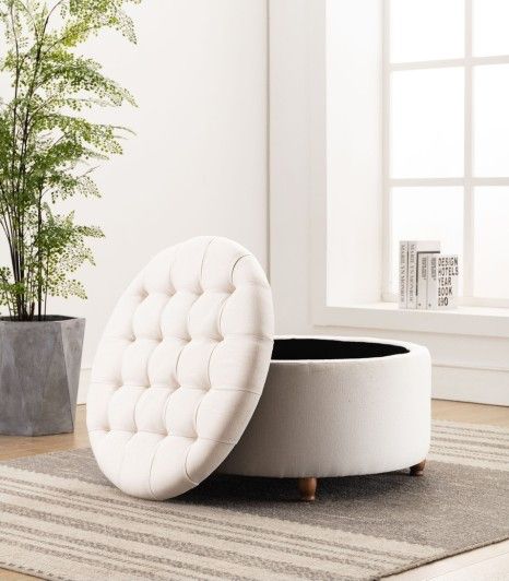 Wovenbyrd Prescott 28" Large Round Pintucked Storage Ottoman Retails $330