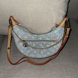 Monogram Denim Loop handbag in sky blue with natural cowhide-leather trim and gold-tone hardware