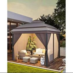 10´x10´ Patio Gazebo,Outdoor Gazebo with Roof Reinforcing Bars,Curtains Nettings,and Double Roof $170