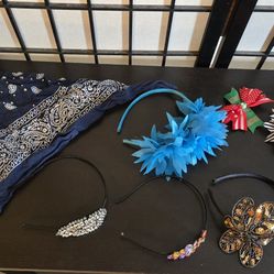 9 pieces - 1 bandana, headbands, & flowers for hair for adults, or kids dress-up
