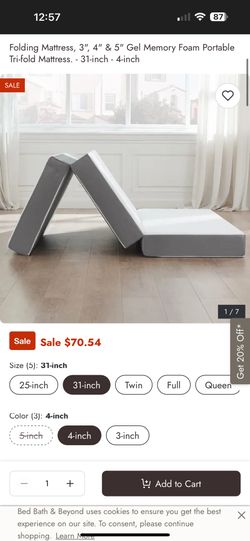 Tri-fold Gel Memory foam portable mattress 4” Thick