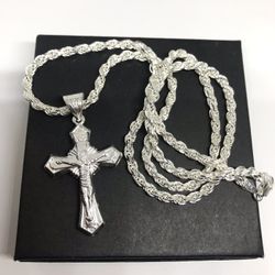 925 Sterling Silver 3D Hallow Cross Pendant With Rope Chain Necklace Size 24”