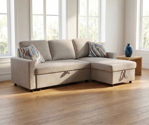 Beige linen sectional sleeper sofa couch with storage