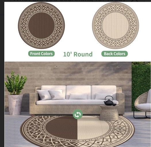 GENIMO Outdoor Rug Waterproof for Patio Decor, Round 10' Foldable Reversible Plastic