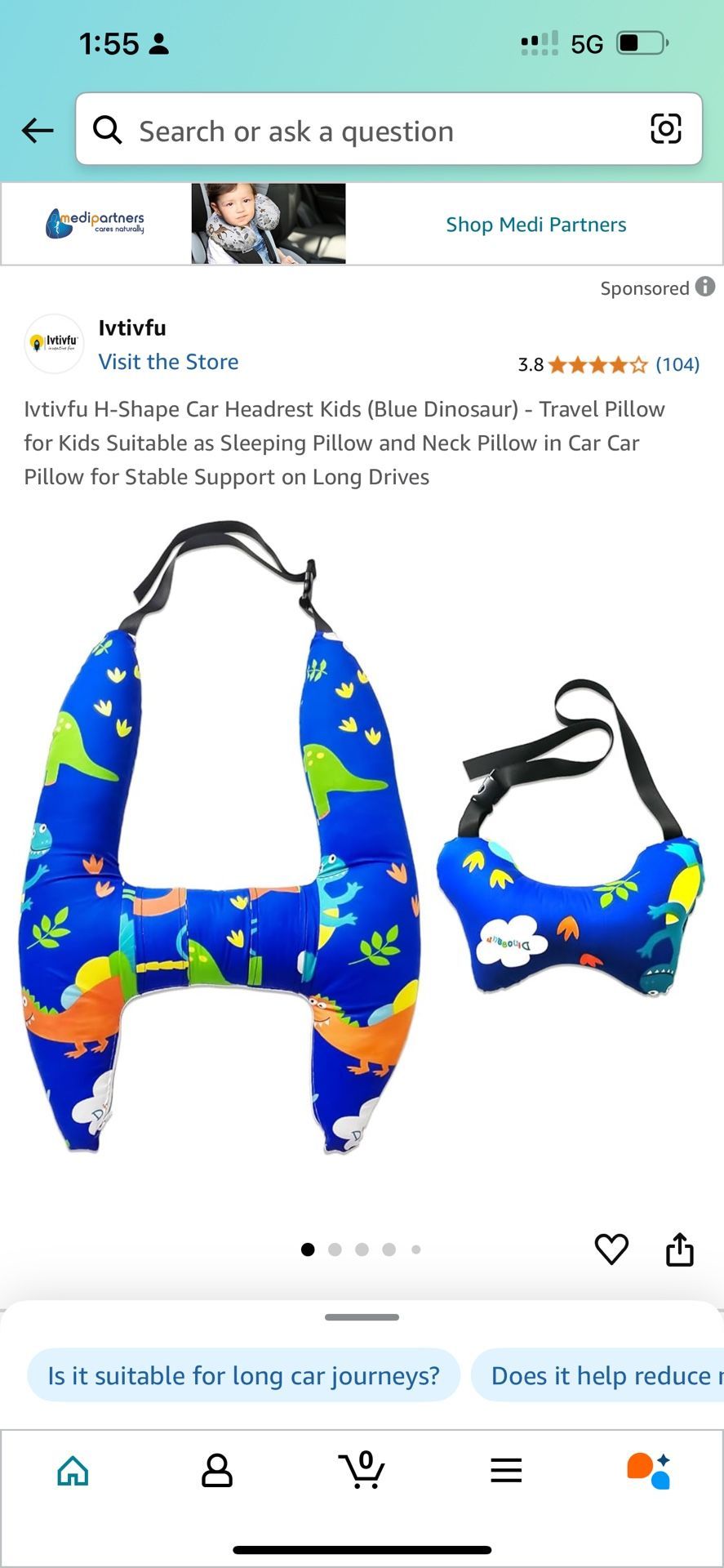  H-Shape Car Headrest Kids (Blue Dinosaur) - Travel Pillow for Kids Suitable as Sleeping Pillow and Neck Pillow in Car Car Pillow for Stable Support o