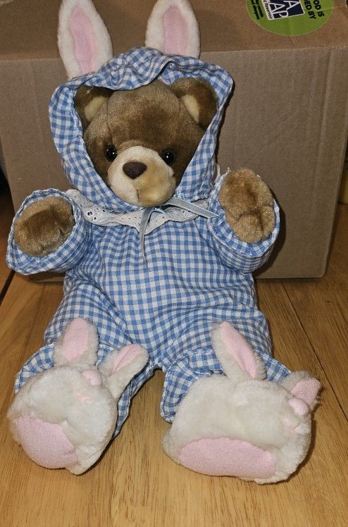 Brown and blue plaid bear with bunny ears plush #bearlove
