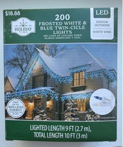 Christmas light LED Indoor Outdoor 200 Frosted White & Blue Twin-Cicle Lights, Uses up to 80% less energy than non LED BULBS. Brand new, more quantity