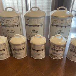 Antique Porcelain Kitchen Canister & Spice Jar Set
