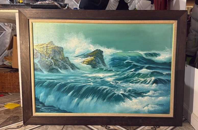 "Waves Breaking on the Coast" - Original Oil Painting by Samher (42x30).