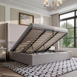 NEW! Lift Up Storage Bed King Size Linen, Platform Bed Frame, Hydraulic Storage,Modern, Light Grey