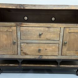 Farmhouse Solid Wood Media Console / TV Stand – Industrial Base w/ Casters