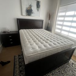 Queen Bed Frame + 2 Matching Nightstands – Dark Wood (Modern)