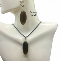 Smoky Quartz Genuine Stone Pendant Necklace & Earrings Set