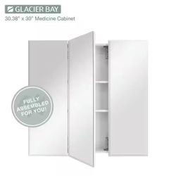 30.4 in W x 30.2 in H Rectangular Medicine Cabinet w/ Mirror & Adjustable Shelves in White