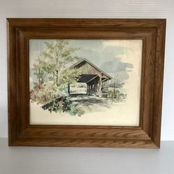 Vintage Wall Art Covered Bridge Rural American Watercolor Framed Tap See More for All Info 