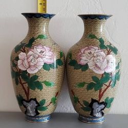 A Pair of Gorgeous Vintage Cloisonne Brass Enamel Vases (Gray)