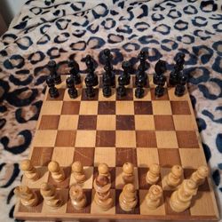 Chess Game Set Wooded Case Board One Knight Peice Is Missing Vintage Board Set