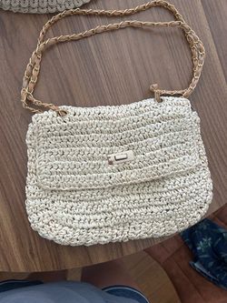 Woven Straw Crossbody Bag with Gold Chain Strap