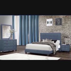 MODERN   Queen Size Blue  Four Piece Bedroom Set. Mattress sold separately 