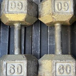 PAIR  OF  60  POUND  STEEL  HEX  DUMBBELLS