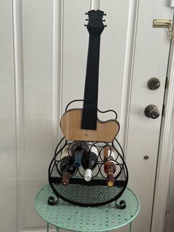 Vintage Black Metal & Wood Decorative Guitar Shape 5-Bottle Freestanding Wine Rack Organizer